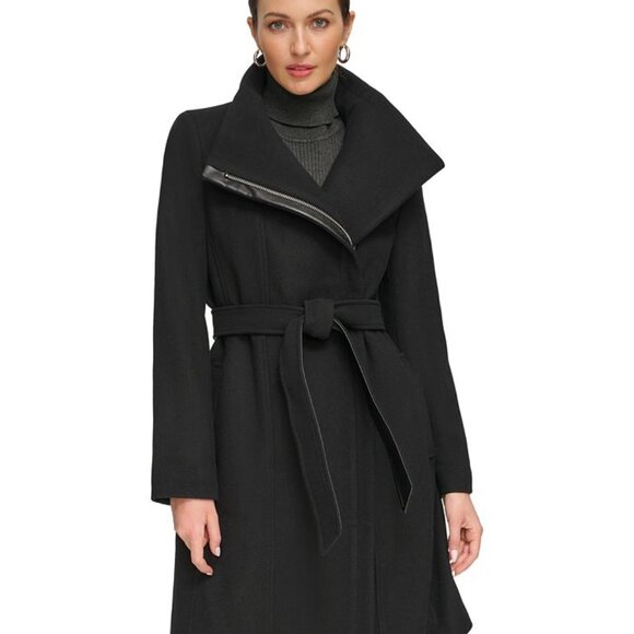 Nwt DKNY Asymmetrical Belted Funnel-Neck Wool Blend Black Coat Women Size Small - Picture 1 of 11